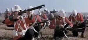 The British Army in action at the Battle of Bronkhorstspruit as portrayed in the film.