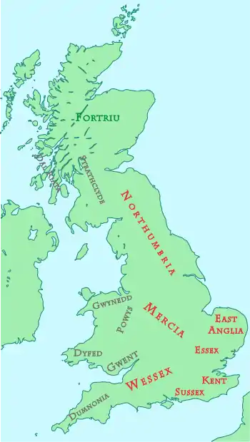 A labelled map of Great Britain. Modern Britain is labelled Northumbria, Mercia, East Anglia, Essex, Kent, Sussex and Wessex in red; Cornwall is labelled Dumnonia in grey; Wales is labelled Gwynedd, Powys, Dyfed and Gwent in grey; southern Scotland is labelled Strathclyde and Dal Riata in grey; northern Scotland is labelled Fortriu in green.