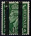 A British training stamp overprinted with vertical bars to prevent genuine postal use.