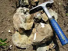 Estwing geologist's hammer in two typical uses: breaking up rocks and as a photographic scale