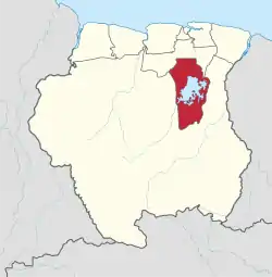 Map of Suriname showing Brokopondo district