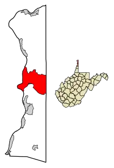 Location of Weirton in Hancock and Brooke Counties, West Virginia.