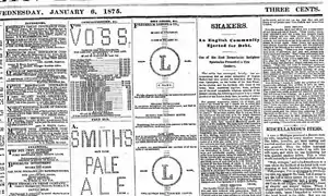 A portion of the Brooklyn Daily Eagle, 6 January 1875, showing advertisements made from typewriter art.
