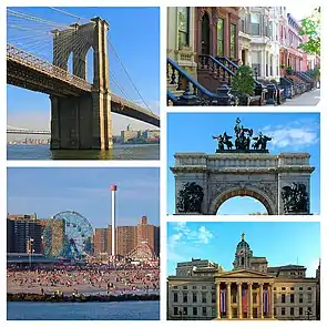 Clockwise from top left: Brooklyn Bridge; Brooklyn brownstones; Soldiers' and Sailors' Arch; Brooklyn Borough Hall; and Coney Island
