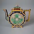 Brown Westhead Moore coloured glazes hexagonal teapot and cover c 1870.