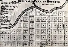 The "Original Plan of Houston" shows a city hugging Buffalo Bayou with space reserved for a courthouse, churches, and schools. (1869)