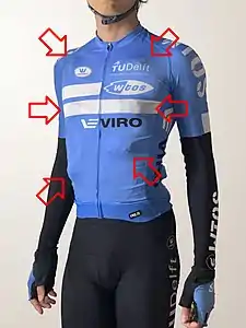 Bullet hit squibs with 15&nbsp;g of fake blood each beneath skin-tight wardrobe on a cycling jersey.