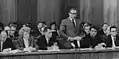 Minister of Education, Margot Honecker listens as Assistant Secretary for Culture and Sport Roland Weissig addresses the 11th Council of State meeting in 1968.