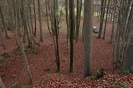 View from the site over the moat and rampart looking east (November&nbsp;2013)