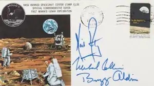 Buzz Aldrin's Apollo 11 Insurance Cover, postmarked July 20, 1969 and signed by Neil Armstrong, Michael Collins and Buzz Aldrin