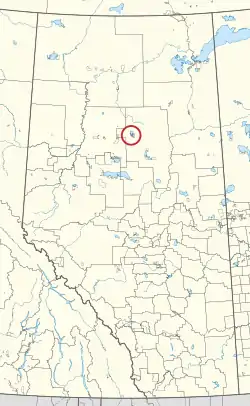 A map of the province of Alberta showing 80 counties and 145 small Indian reserves. One is highlighted with a red circle.