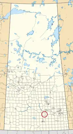 A map of the province of Saskatchewan showing 297 rural municipalities and hundreds of small Indian reserves. One is highlighted with a red circle.