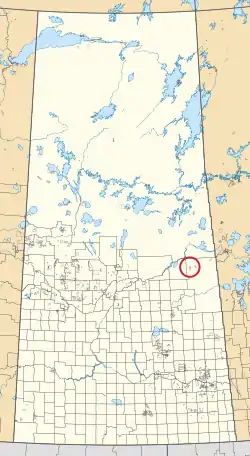 A map of the province of Saskatchewan showing 297 rural municipalities and hundreds of small Indian reserves. One is highlighted with a red circle.