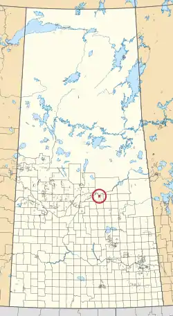 A map of the province of Saskatchewan showing 297 rural municipalities and hundreds of small Indian reserves. One is highlighted with a red circle.