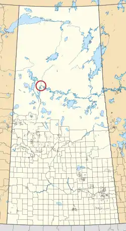 A map of the province of Saskatchewan showing 297 rural municipalities and hundreds of small Indian reserves. One is highlighted with a red circle.