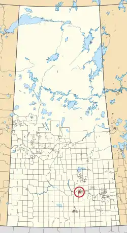 A map of the province of Saskatchewan showing 297 rural municipalities and hundreds of small Indian reserves. One is highlighted with a red circle.