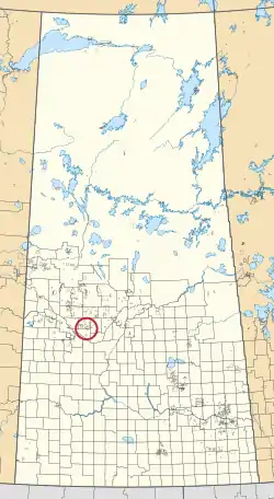 A map of the province of Saskatchewan showing 297 rural municipalities and hundreds of small Indian reserves. One is highlighted with a red circle.