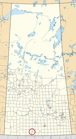 A map of the province of Saskatchewan showing 297 rural municipalities and hundreds of small Indian reserves. One is highlighted with a red circle.