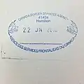 Canada Border Services Agency entry stamp at John C. Munro Hamilton International Airport in Hamilton, Ontario
