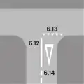 6.13 Waiting line (white, small triangles in a row with spikes towards the arriving vehicle) & 6.14 Announcement of waiting line (white, large triangle, optional) & 6.12 Longitudinal strip (white, solid, optional)Must give way; is always printed on roads at entries to motorways and expressways, and is usually announced by 6.14 on main roads and important minor roads; always accompanied with 3.02, and can be combined with traffic lights; irrelevant while traffic lights are working (not flashing or turned off); waiting lines are yellow, if exclusively addressed to bicycles and mopeds (e.g. on bicycle paths and lanes)