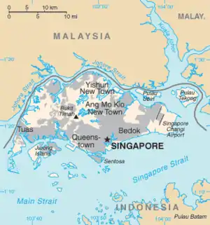 Map showing Singapore island and the territories belonging to Singapore and its neighbours