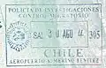 Chilean exit stamp in a Peruvian passport, issued by the PDI at Santiago Airport.