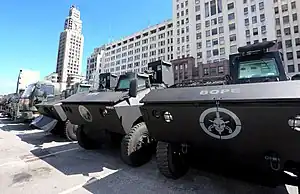 Armored personnel carrier used by the Batalhão de Operações Policiais Especiais (BOPE). According to the official BOPE website, the logo represents victory over death. (2018)