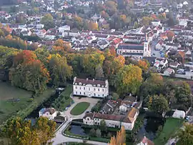 An aerial view of the chateau and town centre