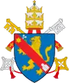 Sixtus V  (1585-1590), born Felice, son of Pier Gentile (also known as Peretto Peretti), into a poor family.  He later adopted Peretti as his family name in 1551, and was known as "Cardinal Montalto". His coat of arms was D'azur au lion d'or armé et lampassé de gueules tenant un rameau d'or à la bande de gueules chargée en chef d'une étoile d'or et en pointe d'un mont à trois cimes d'argent.[clarification needed]