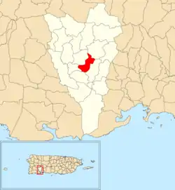 Location of Caimito within the municipality of Yauco shown in red