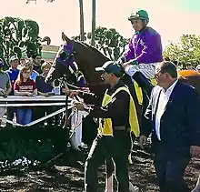 A racehorse and jockey being led by a groom, with a man in a business suit walking alongside