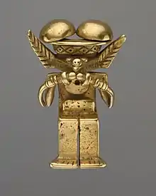 Animal-headed figure pendant; 1st–7th century; gold; height: 6.35&nbsp;cm (2.mw-parser-output .frac{white-space:nowrap}.mw-parser-output .frac .num,.mw-parser-output .frac .den{font-size:80%;line-height:0;vertical-align:super}.mw-parser-output .frac .den{vertical-align:sub}.mw-parser-output .sr-only{border:0;clip:rect(0,0,0,0);clip-path:polygon(0px 0px,0px 0px,0px 0px);height:1px;margin:-1px;overflow:hidden;padding:0;position:absolute;width:1px}1⁄2 in.); Yotoco stage; Metropolitan Museum of Art (New York City)