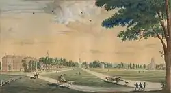 Cambridge Common, ca. 1808–9, with Harvard College at left and Christ Church at right
