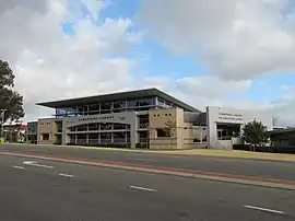 Library building with road in foreground