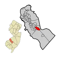 Berlin Borough highlighted in Camden County. Inset: Location of Camden County highlighted in the State of New Jersey.