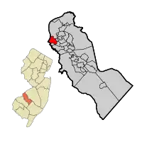 Gloucester City highlighted in Camden County. Inset: Location of Camden County in the State of New Jersey.