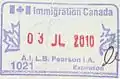 Entry Stamp issued by Canada Immigration at Toronto-Lester B. Pearson International Airport This stamp was used by immigration officers for passengers who need secondary immigration checks.