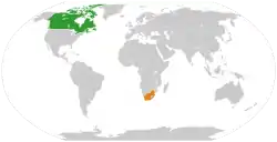 Map indicating locations of Canada and South Africa