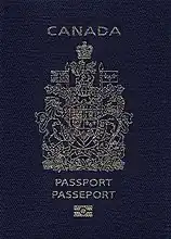 A navy blue passport cover with a gold-coloured crest.  Text reads "CANADA" above the crest and "PASSPORT" and "PASSEPORT" below