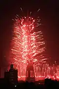Red fireworks from the Canton Tower during the 2010 Asian Games opening ceremony, hosted in Guangzhou