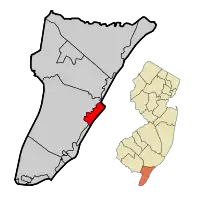 Avalon Borough highlighted in Cape May County. Inset map: Cape May County highlighted in the State of New Jersey.