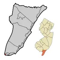 Cape May Point Borough highlighted in Cape May County. Inset map: Cape May County highlighted in the State of New Jersey.