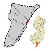 Sea Isle City highlighted in Cape May County. Inset map: Cape May County highlighted in the State of New Jersey.