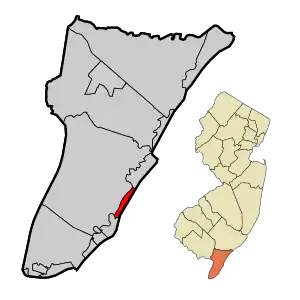 Stone Harbor Borough highlighted in Cape May County. Inset map: Cape May County highlighted in the State of New Jersey.