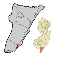 Wildwood Crest Borough highlighted in Cape May County. Inset map: Cape May County in New Jersey.