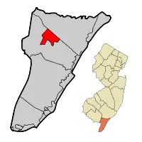 Woodbine Borough highlighted in Cape May County. Inset map: Cape May County highlighted in the State of New Jersey.