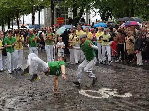 A capoeira demonstration at theHelsinki Samba Carnaval in Finland