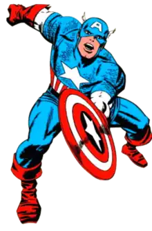 Captain America bursting through a page of newspaper