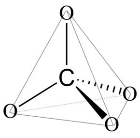Diagram of carbon tetrahedrally bonded to oxygen