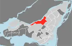 Location of Ahuntsic-Cartierville on the Island of Montreal. (Dark grey areas indicate demerged municipalities).